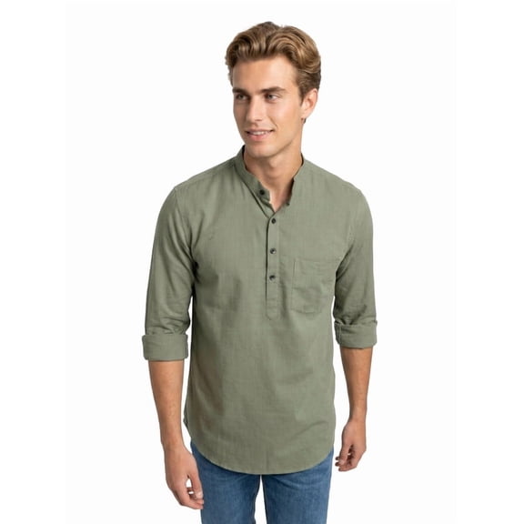 nick&jess Men's Slim Fit Henley 100% Cotton Linen Shirt, Long Sleeve, Pocket