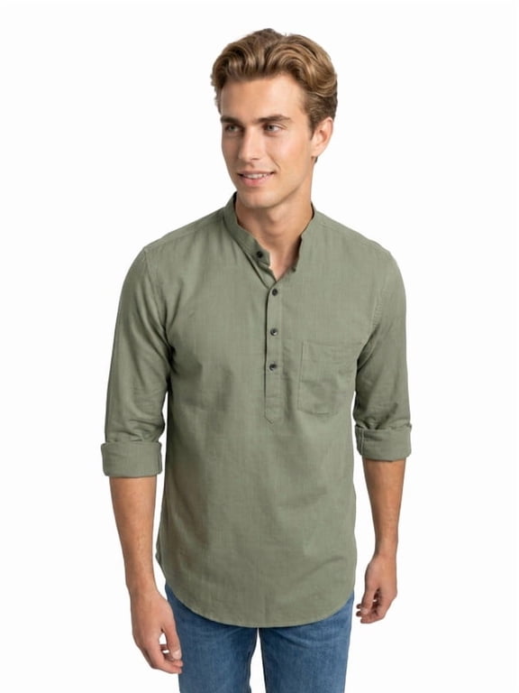 Men's Slim Fit Henley 100% Cotton Linen Shirt, Long Sleeve, Pocket