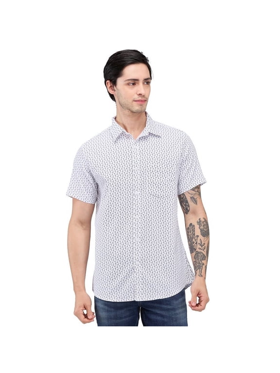 Mens Slim Fit half Sleeves Cotton Stretch Shirt (US, Alpha, X-Large, Regular, Regular, Slim Boys, Black & White Printed)