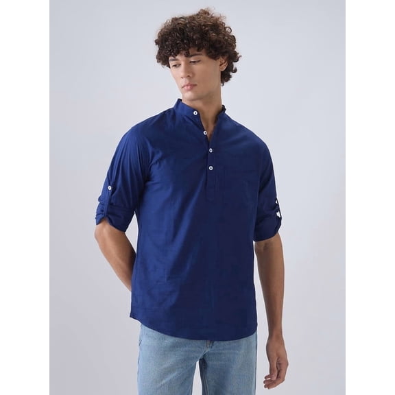 nick&jess Mens long Sleeve Linen Cotton Manderian Collar Royal Blue hanley style roll up sleeves Kurta Shirt