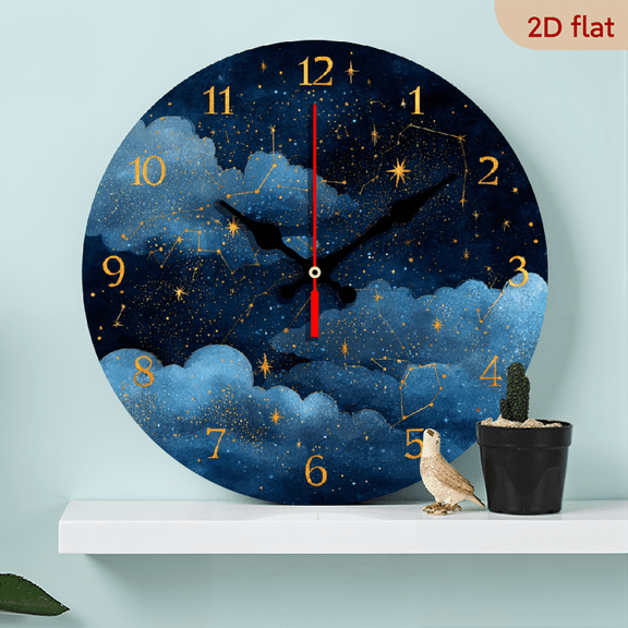 night sky Backdrop Clock - 10inch Wood Veneer Europe and America Style Round Silent Flat Wall Clock - Batteries Not Included - Silent Wall Clock, Add Joyful Time to Your Study Or Living