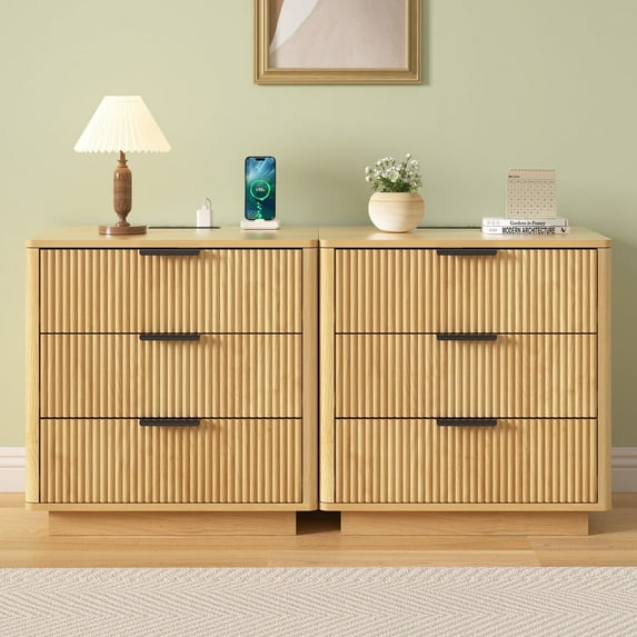 Hommpa Set of 2 Fluted 3 Drawers Nightstand with Charging Station, 23" Large Modern Bedside Table End Side Table for Bedroom Living Room Sofa Office, Night Stand with Storage, Curved Profile Design