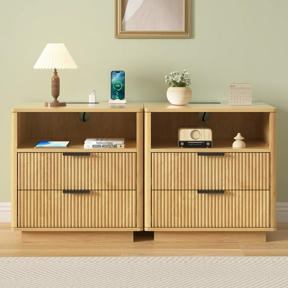 Hommpa Set of 2 Fluted Nightstand, 2 Drawers Bed Side Table with Charging Station, Modern End Side Table for Bedroom Furniture Living Room Sofa, Night Stand with Storage Drawers and Open Shelf
