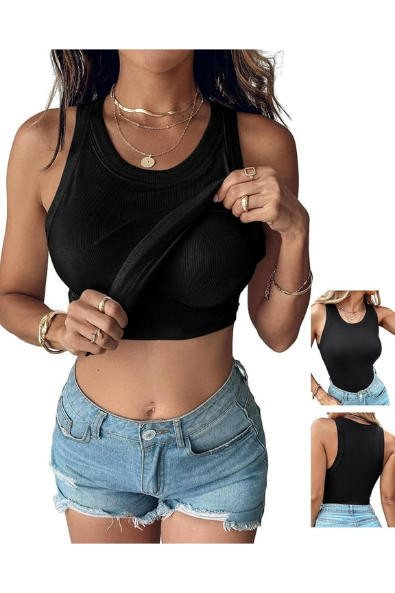 Women Built-in Bra Tank Tops Sleeveless Casual Shirts Racerback Ribbed Fitted Tank Tops