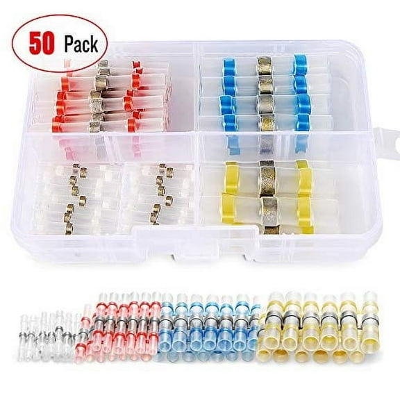 nilight 50025r 50pcs wire, solder seal heat shrink butt connectors,electrical waterproof insulated marine automotive copper(23red 12blue 10white 5yellow),2 years warranty