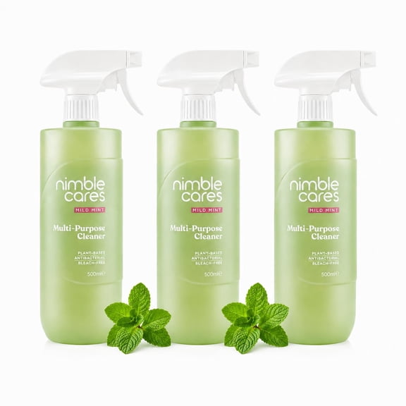 nimble cares Antibacterial Cleaner Mild Mint 3 x 500ml - Multi Purpose Kitchen Spray, Eco Cleaner, Vegan, Family Safe Disinfectant