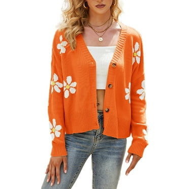 nine bull Cardigan Sweaters for Women,Long Sleeve Floral Open Front Sweater V Neck Outwear Cardigan (Orange S)