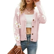 NINE BULL Cardigan Sweaters for Women,Long Sleeve Floral Open Front Sweater V Neck Outwear Cardigan (Pink M)