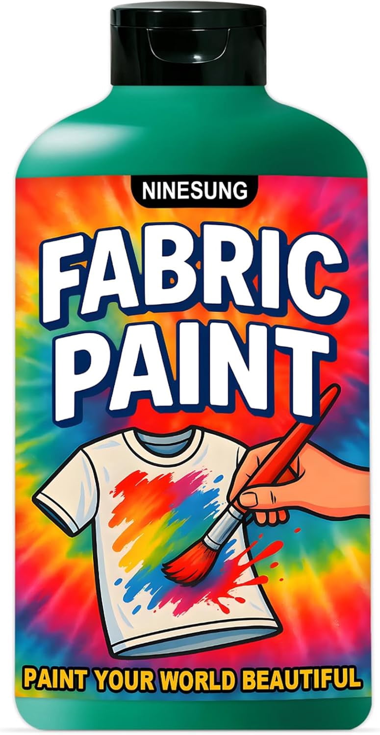 ninesung Green Fabric Paint for Clothes, 34 oz Jumbo Size - Non-Toxic Acrylic Textile Paint for T-Shirts, Shoes, Jeans, Bags, DIY Projects & Art - Vibrant & Wash-Resistant (Green,34 Fl Oz)