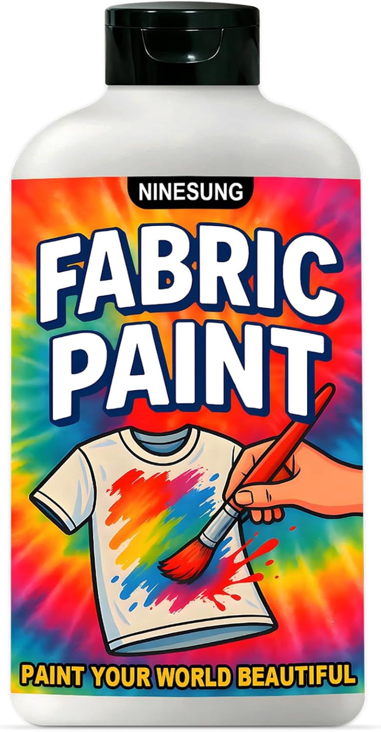 ninesung White Fabric Paint for Clothes, 34 oz Jumbo Size - Non-Toxic Acrylic Textile Paint for T-Shirts, Shoes, Jeans, Bags, DIY Projects & Art - Vibrant & Wash-Resistant (White,34 Fl Oz)