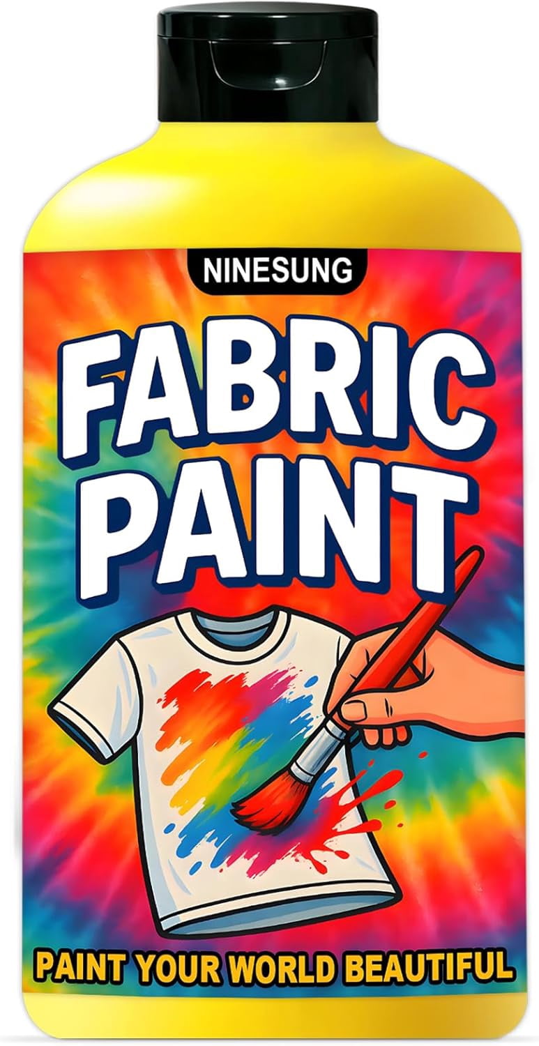 ninesung Yellow Fabric Paint for Clothes, Non-Toxic Acrylic Textile Paint for T-Shirts, Shoes, Clothing, Jeans, Bags, DIY Projects & Art - Vibrant & Wash-Resistant (Yellow,10.5 Fl Oz)