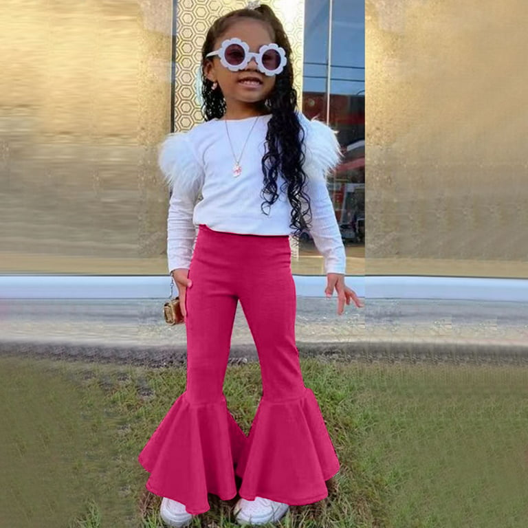 niuredltd toddler girls long sleeve solid ribbed t shirt tops bell bottoms flare  pants outfits 