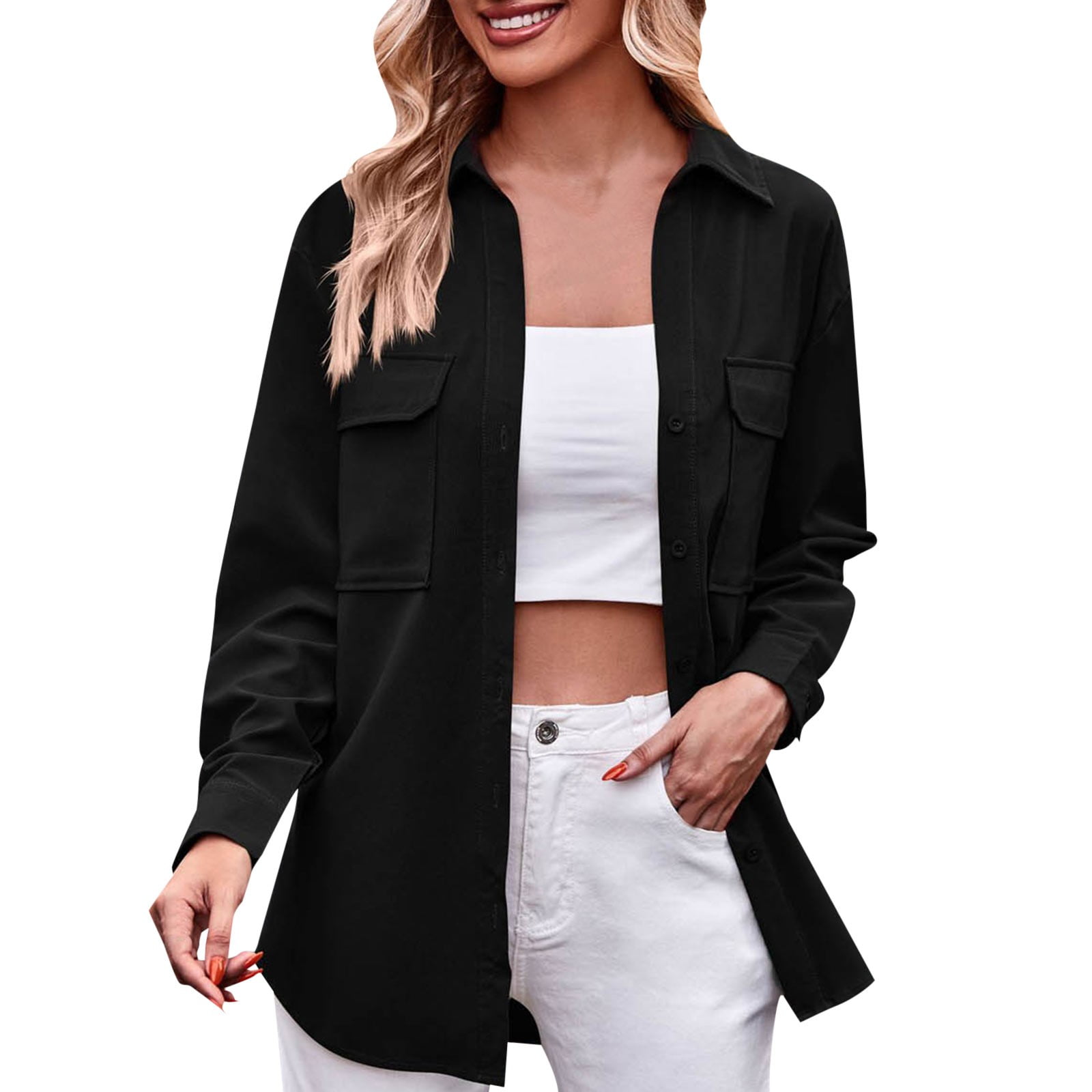 njshnmn Shacket Women Long Sleeve Oversized Button Down Shirts Jacket