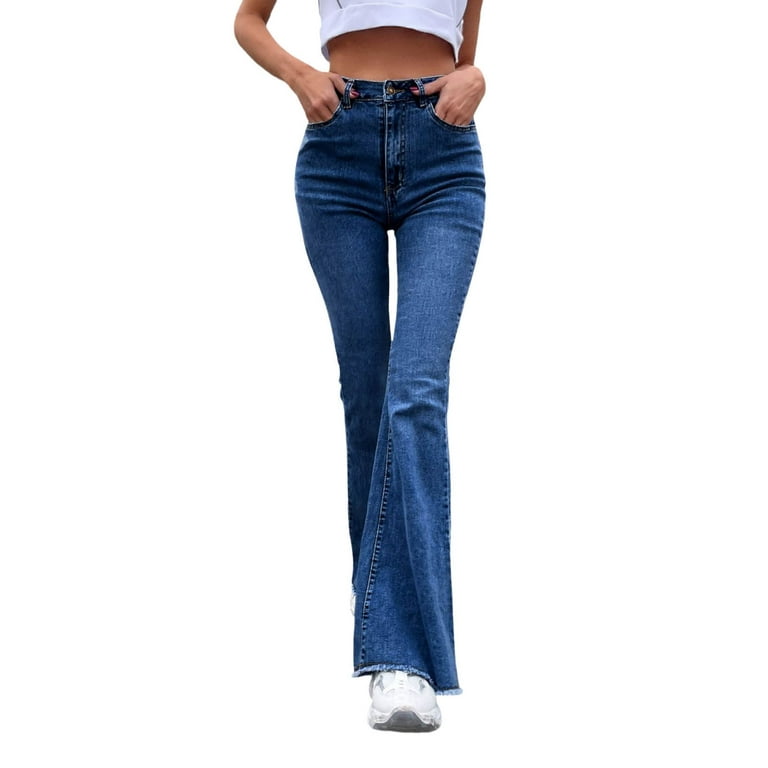 njshnmn Women's Fashion Bootcut Jean Elastic Waist Ripped Flared Jeans Denim  Bell Bottom Plus Size Pants 