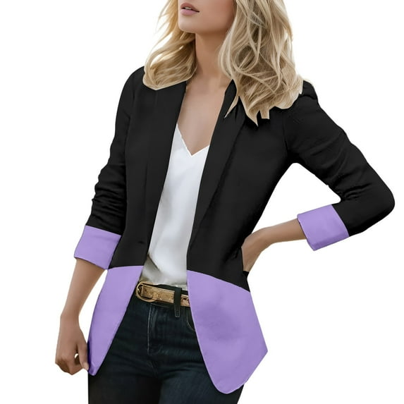 njshnmn Women's Solid Color Blazer Cardigan Long Sleeve Open Front Work Office Jackets Blazer, Purple, XXL