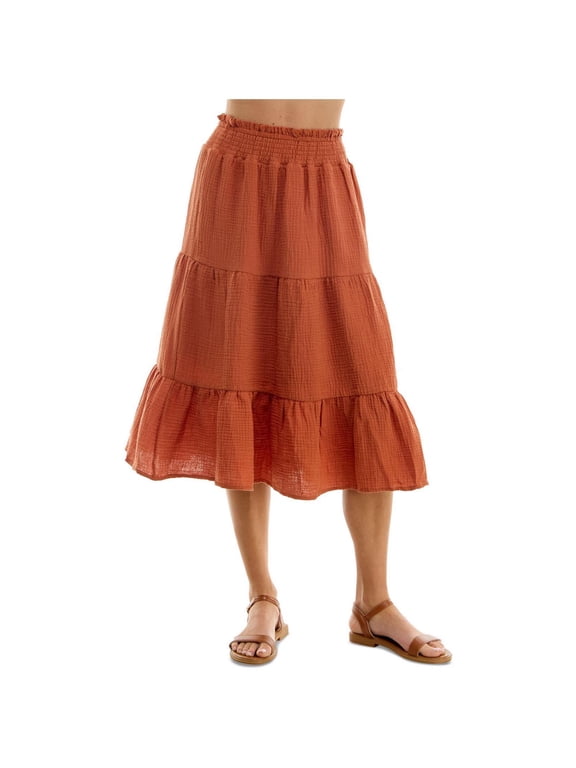 Womens Cotton Gauze Tiered Peasant Skirt, Orange, X-Large