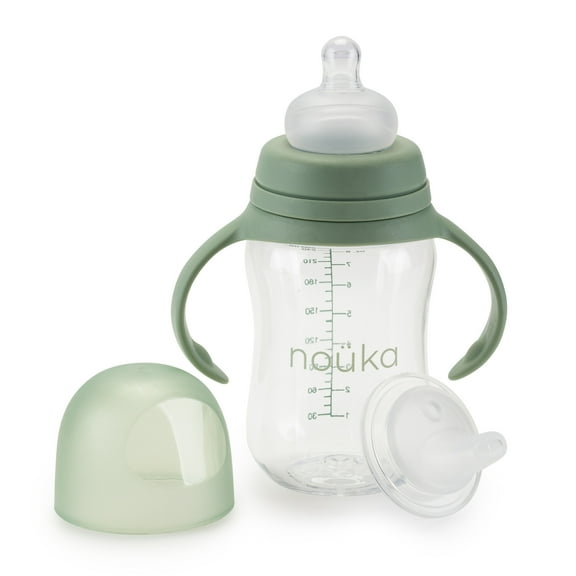 noüka Tritan Plastic Transitional Baby Bottle / Sippy | Leak Proof and Easy Grip | Removable Handles | Moss