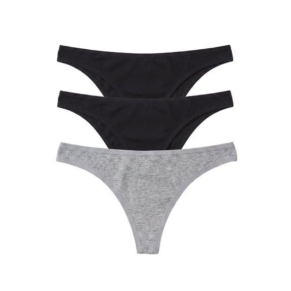 no nonsense Women's Soft & Breathable Cotton Thong Panties 3-Pack Underwear for Women, Asst 1: Black/Black/Heather Grey, Small