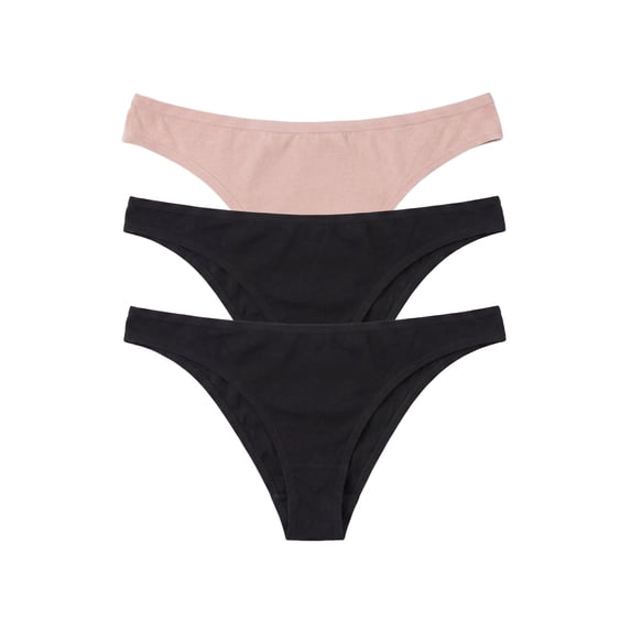 no nonsense Women's Soft & Breathable Cotton Thong Panties 3-Pack Underwear for Women, Asst 3: Cameo Rose/Black/Black, Large