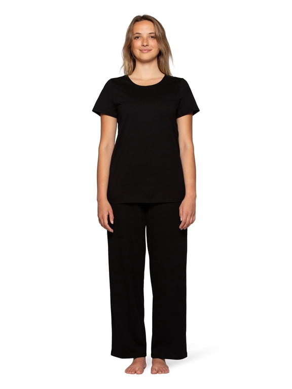 Women's Soft & Breathable Pajama Set Short Sleeve Top & Long Pants Sleepwear Cotton-Rich Loungewear, Black, Small