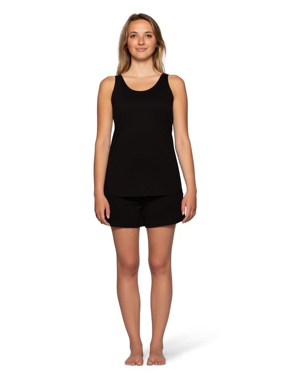 Women's Soft & Breathable Pajama Set Tank Top & Boxer Shorts Sleepwear Cotton-Rich Loungewear, Black, Medium