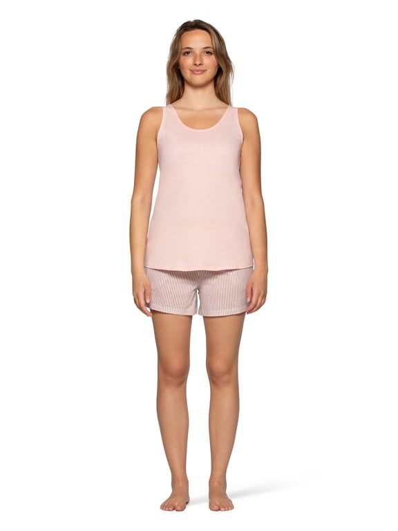 Women's Soft & Breathable Pajama Set Tank Top & Boxer Shorts Sleepwear Cotton-Rich Loungewear, Dusty Rose Stripe, Medium