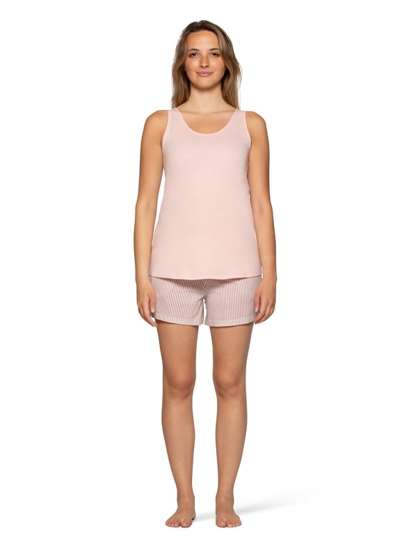 Women's Soft & Breathable Pajama Set Tank Top & Boxer Shorts Sleepwear Cotton-Rich Loungewear, Dusty Rose Stripe, X-Large