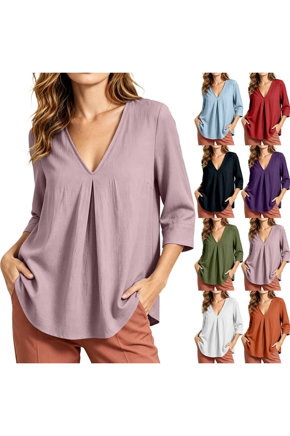 Women's Pleated V Neck 3/4 Sleeve Tunic Top Relaxed Curved Hem Casual Work Holiday Blouse