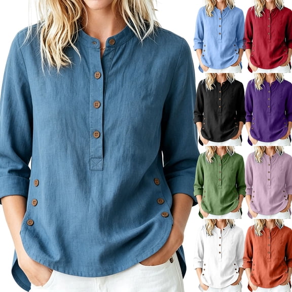 YGJTJYD Women's Henley Neck Button Down 3/4 Sleeve Tunic with Side Buttons Loose Casual Beach Vacation Top