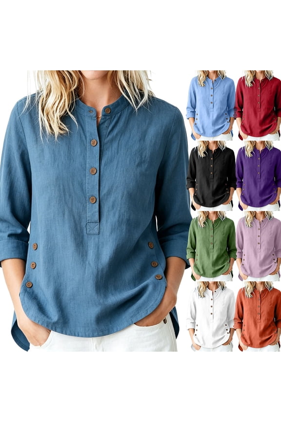 Women's Henley Neck Button Down 3/4 Sleeve Tunic with Side Buttons Loose Casual Beach Vacation Top
