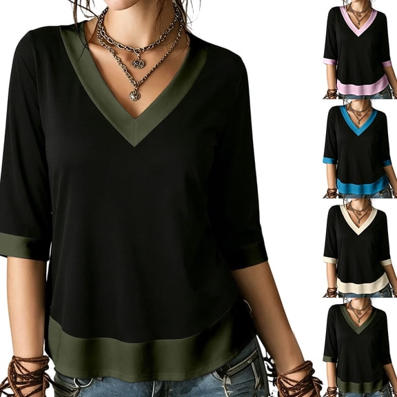 YGJTJYD Women's Color Block V Neck 3/4 Sleeve Top Relaxed Fit Casual Work Office Everyday Blouse