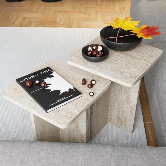 noadre Travertine Efect Square Nesting Table Set of 2 Modern Coffee Table Small Side Table End Table for Living Room