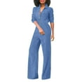 thumbnail image 1 of noarlalf jumpsuits for women women's bodycon jumpsuits v neck long sleeve high waisted slim fit long romper with pockets belt denim jumpsuit for women, 1 of 4
