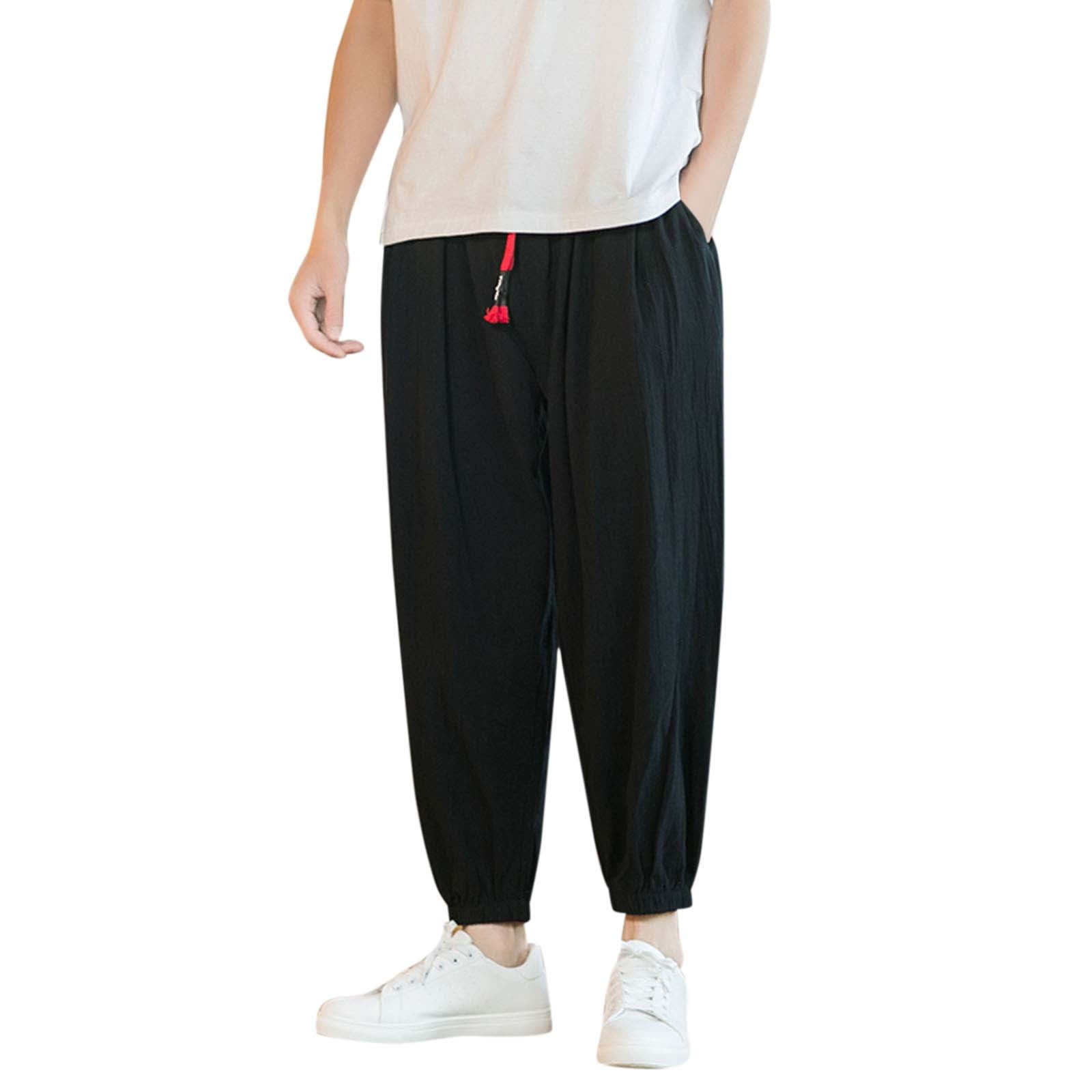 noarlalf yoga pants male casual pants soild loose cotton linen bloomers