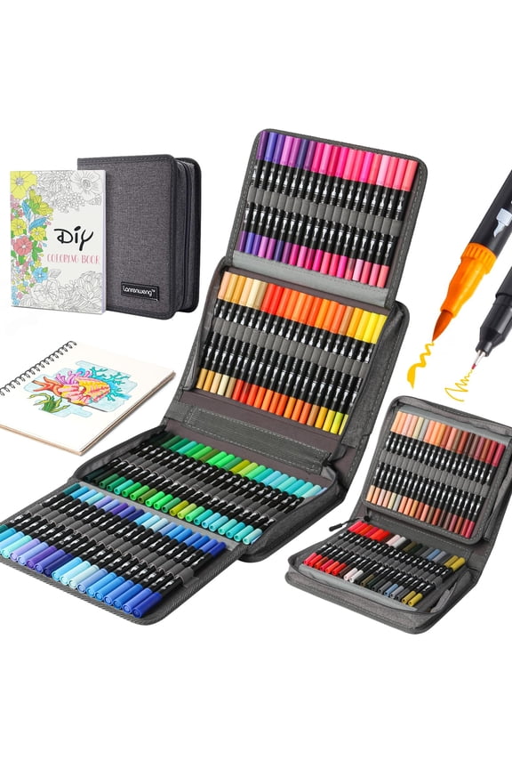 120 Colors Duo Tip Brush Markers Art Pen Set,LANRENWENG Fine Brush Tip Colored Pens Set with Canvas Bag,Markers for Adult Coloring Books Drawing Sketching Note taking Lettering Calligraphy