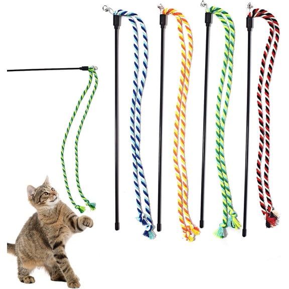 nobrand Cat Wands, 4 PCS Colorful Rope Cat Toys Flexible Teaser Wands Interactive Kitten String Wands, Safe Kitty Toys for Indoor