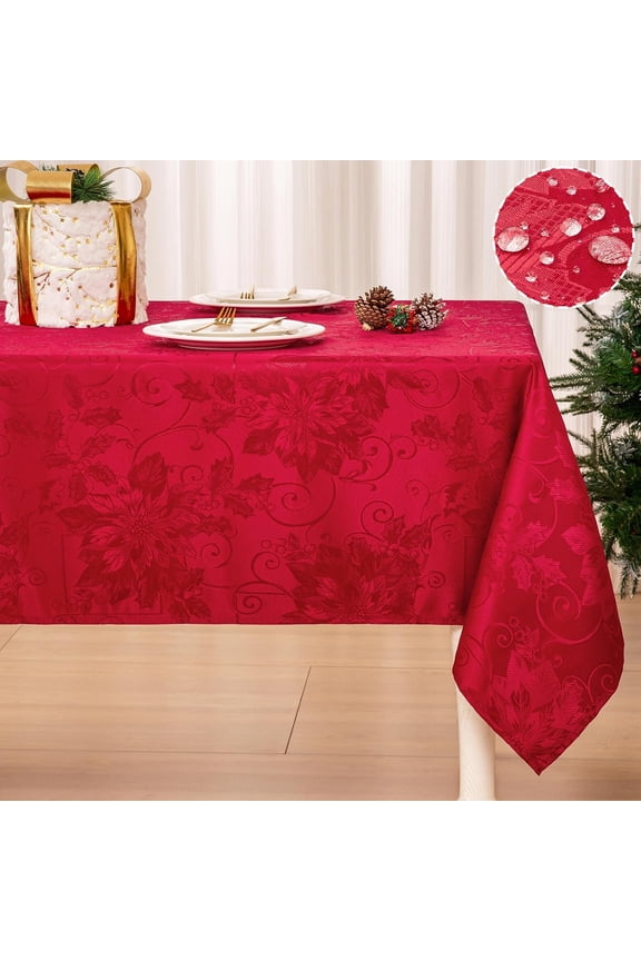 Christmas Tablecloth Rectangle, Jacquard Washable Fabric Table Cloth, Waterproof Anti-Wrinkle Damask Table Cover for Christmas or Daily Uses, (Red, 60" x 104" (8-10 Seats))