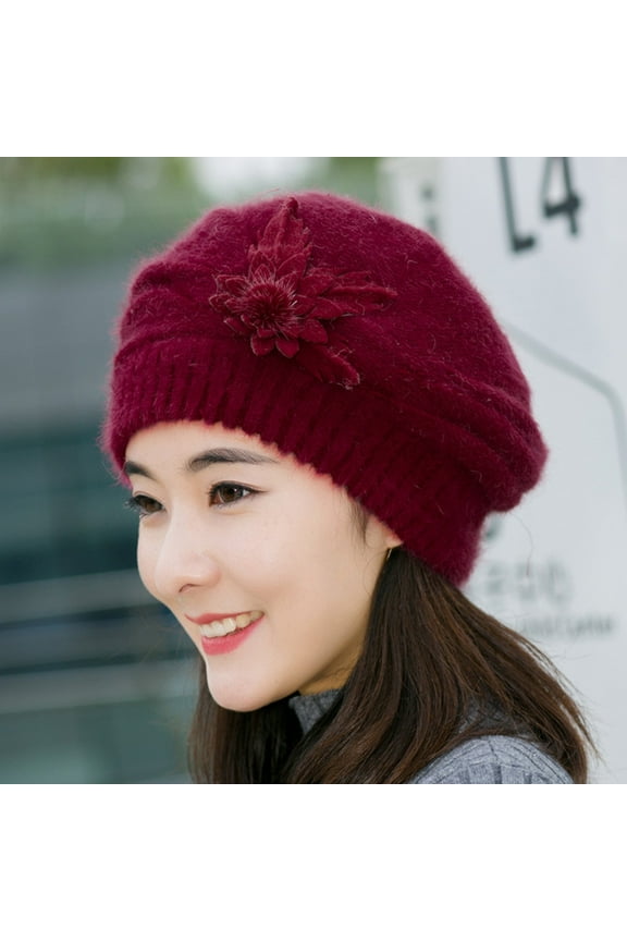 Beanies Hats Men, Fashion Womens Flower Knit Crochet Beanie Hat Winter Warm Cap Beret, Red