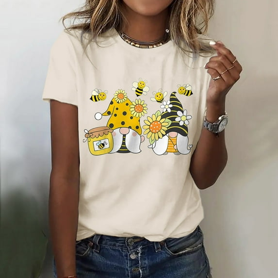 nochalofo Bee Beige Crew Neck Casual Womens Tops, Classic Version Type Cotton Short Sleeve Crewneck T Shirt Fun Printed Bee Festival