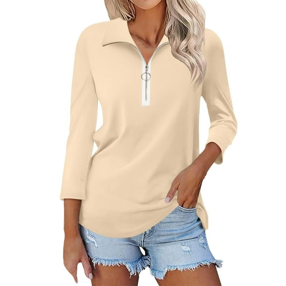 nochalofo Beige V-Neck Casual Womens Summer Tops, 3/4 Sleeve Tops Quarter Zip Collared Shirts Shirts Summer Tees