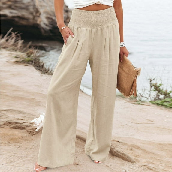 nochalofo Beige Wide Leg Sweatpants Women, High Waist Wide Leg Palazzo Pants for Women Smocked Elastic Waist Loose Comfy Casual Pajama Pants Pockets