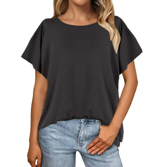 nochalofo Black Boat Neck Leisure Shirts for Women, Batwing Sleeve Oversized T Shirt Loose Crew Top