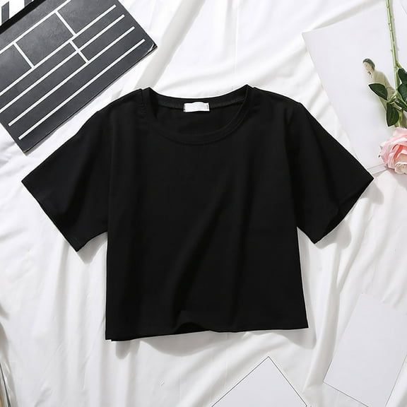 nochalofo Black Crew Neck Casual T Shirts for Women, Top Short T Shirt Summer Short Sleeve Solid Color High Waist Versatile