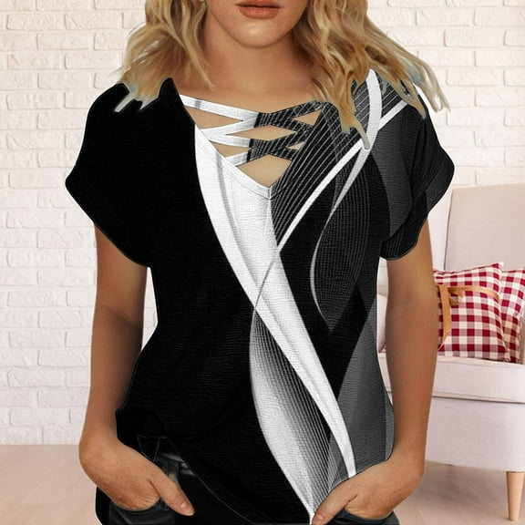 nochalofo Black V-Neck Casual Shirts for Women, Summer Tops Short Sleeve Shirts Tshirts Loose Casual Tunic Blouses Tees