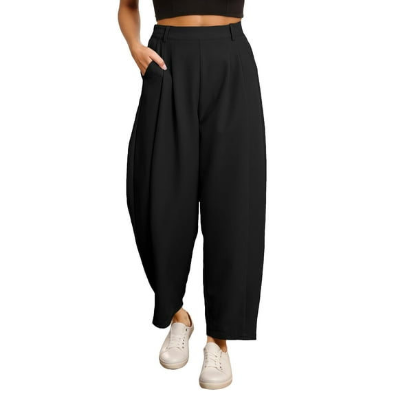 nochalofo Black Women's Pants, Womens Wide Leg Barrel Pants Elastic High Waisted Side Pocket Palazzo Trousers Business Work Casual Pants
