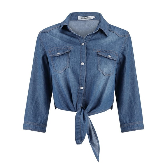 nochalofo Blue Boat Neck Casual Womens Tops, Casual 3/4 Sleeve Button Down Crop Jean Top Knot Tie Denim Shirt Jacket