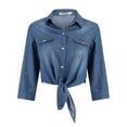 thumbnail image 1 of nochalofo Blue Boat Neck Casual Womens Tops Dressy Casual, Casual 3/4 Sleeve Button Down Crop Jean Top Knot Tie Denim Shirt Jacket, 1 of 4