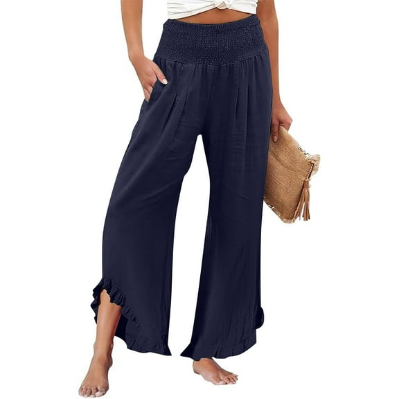 nochalofo Blue Cargo Pants Women, Women's Solid Color Fashionable Casual High Waisted Pleated Irregular Cotton Linen Loose Pants