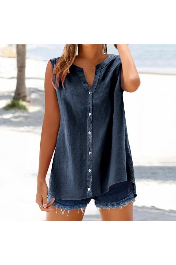 Blue V-Neck Casual Plus Size Tops for Women, Cotton Linen Shirts Sleeveless Collared Tops Oversized Up Blouses Work Shirts Casual Summer Tshirt