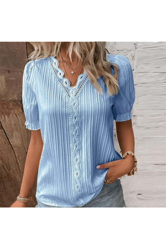 Blue V-Neck Casual Womens Summer Tops, Summer Lace Plain Lace Elegant Shirt Fashion Solid Color Elegant Blouse Short Sleeve Comfy Soft Tee